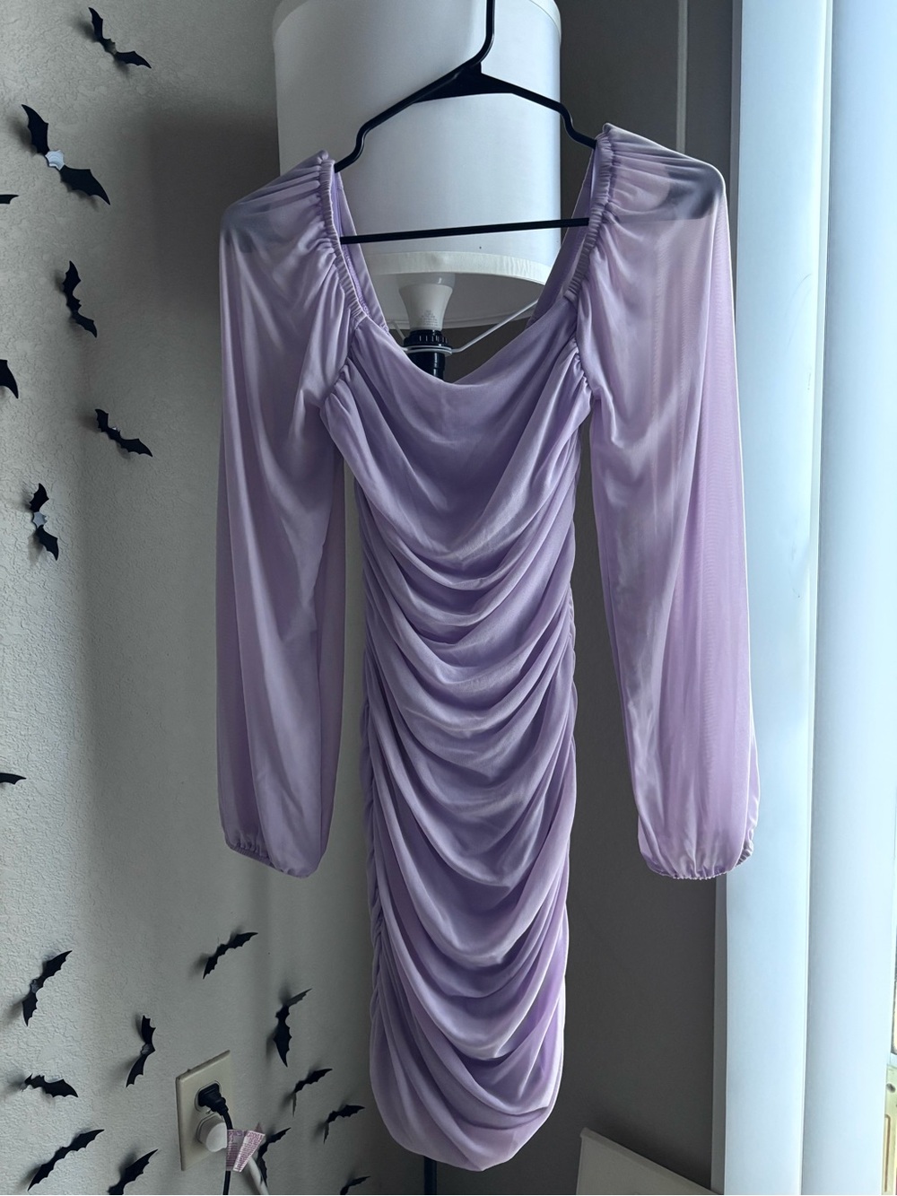 Long Sleeve Ruched Purple Bodycon Mini Dress - Size Medium